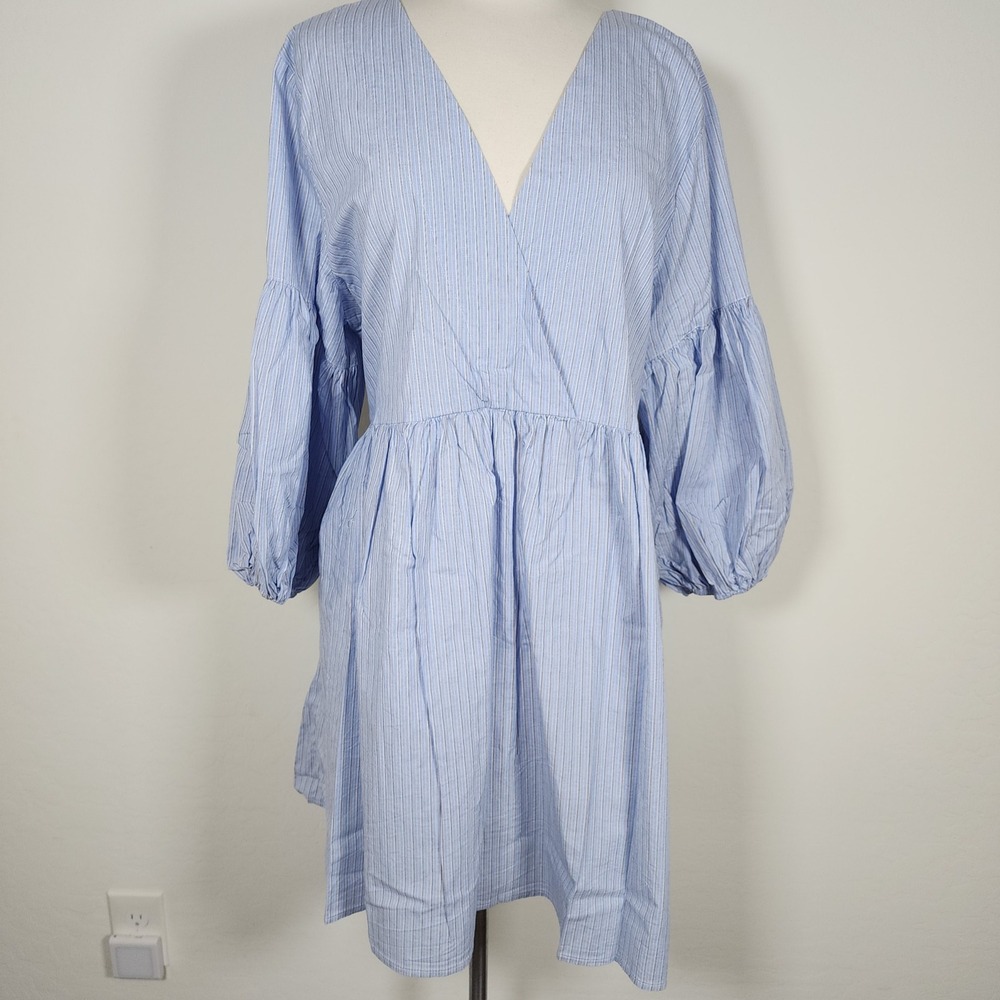 Anthropologie AMADI Womens Dress Size L Blue Striped Balloon Sleeve‎ V Neck
